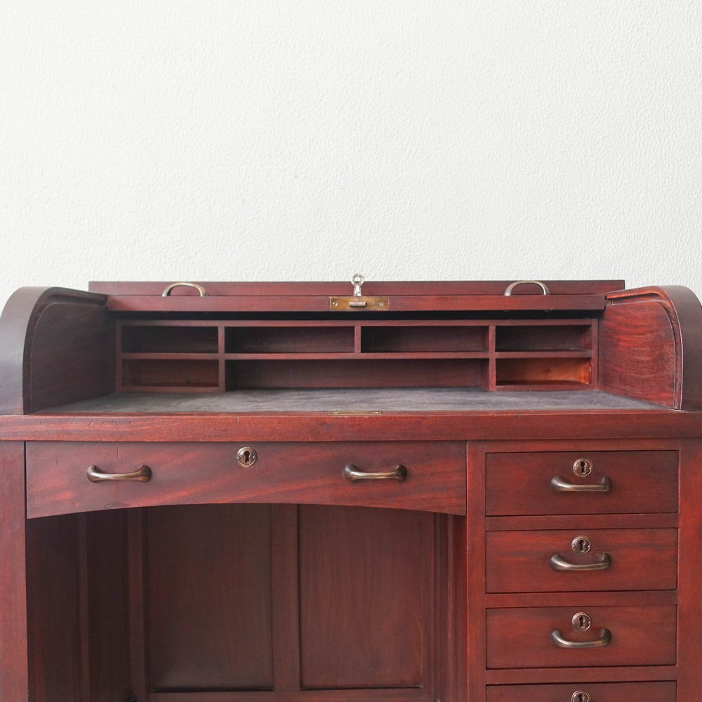 Industrial Portuguese Oak Wood Tambour Door Desk, 1940s