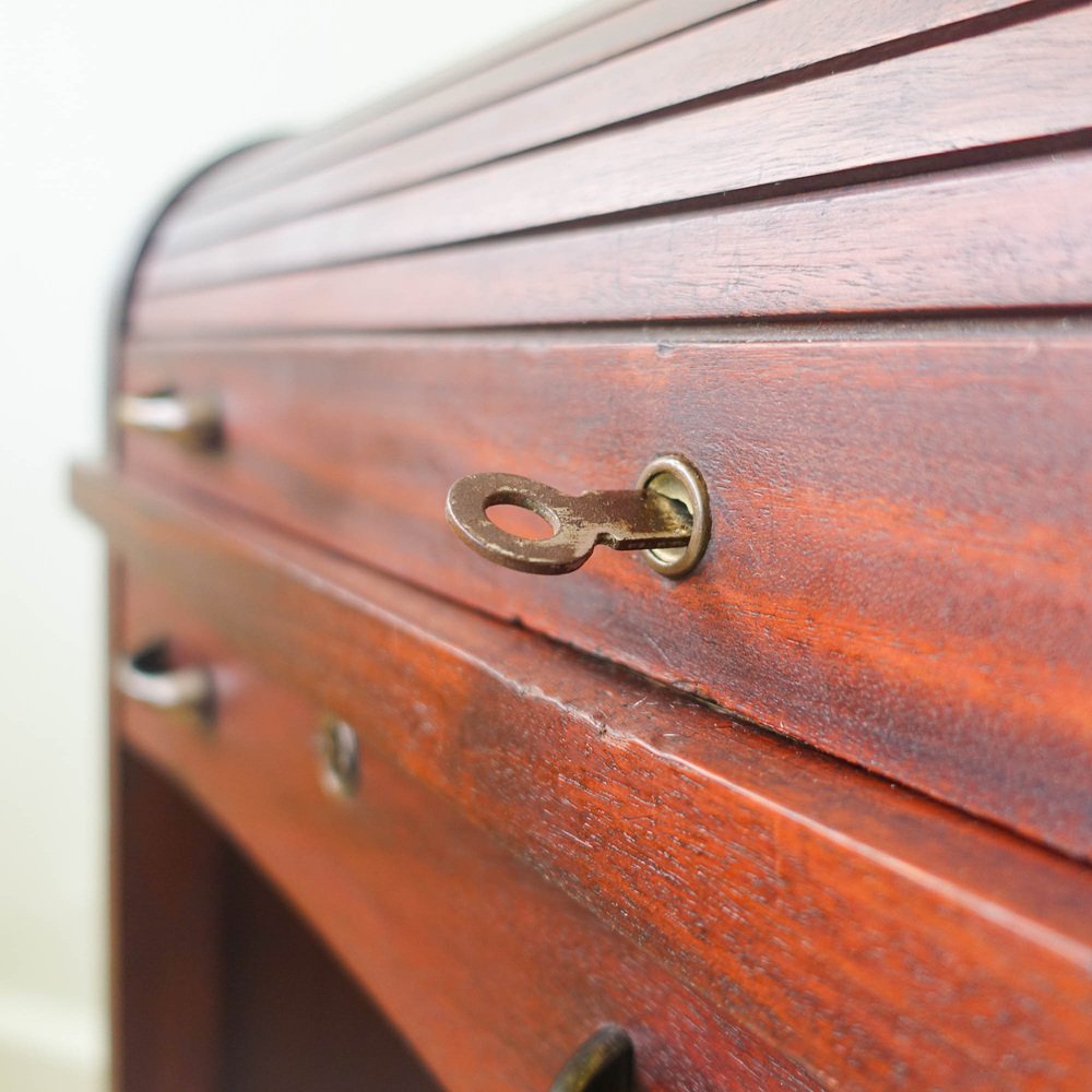 Industrial Portuguese Oak Wood Tambour Door Desk, 1940s