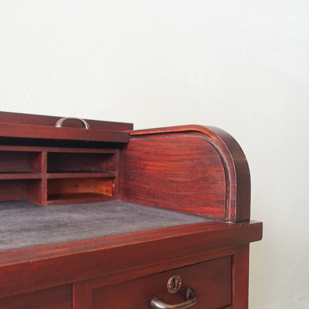 Industrial Portuguese Oak Wood Tambour Door Desk, 1940s