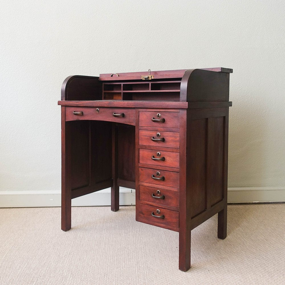 Industrial Portuguese Oak Wood Tambour Door Desk, 1940s