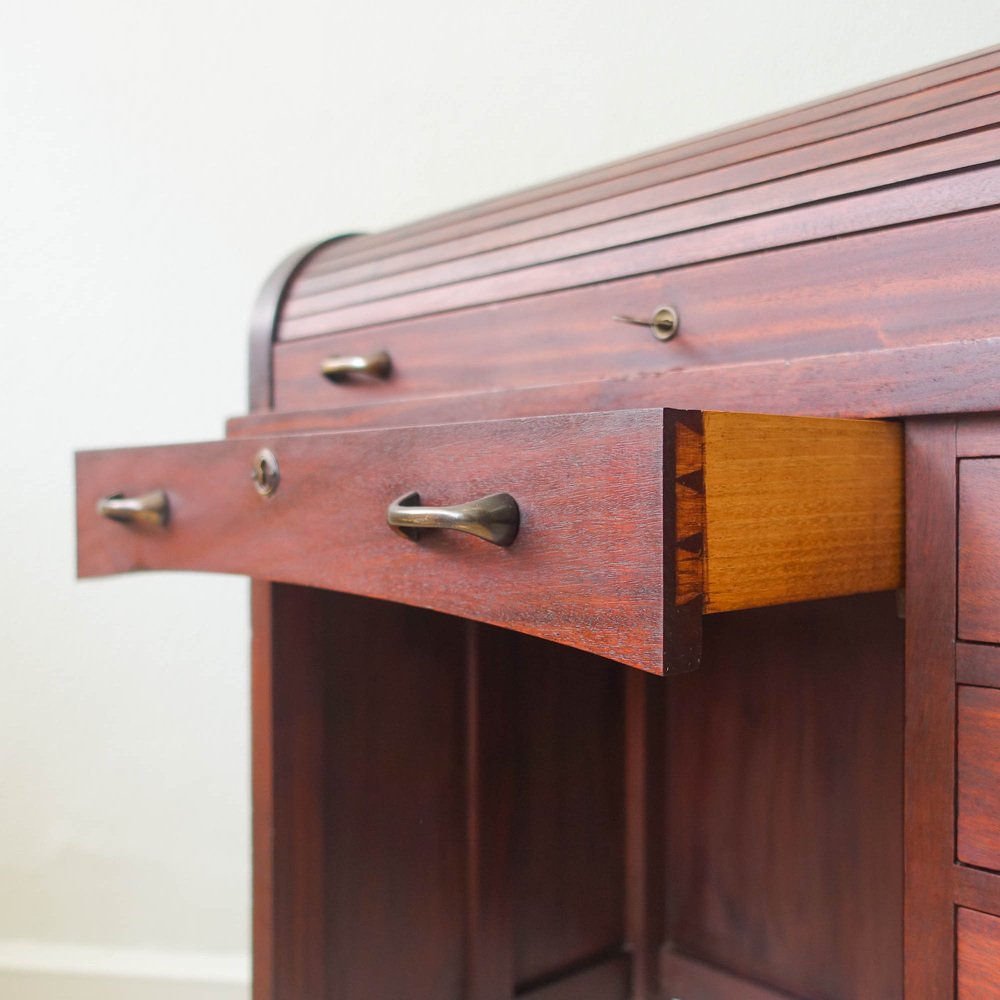 Industrial Portuguese Oak Wood Tambour Door Desk, 1940s