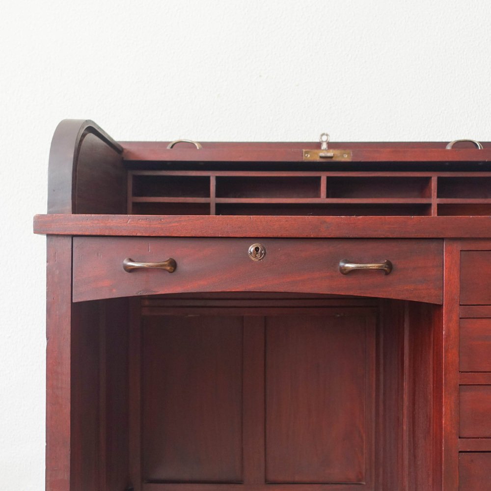 Industrial Portuguese Oak Wood Tambour Door Desk, 1940s