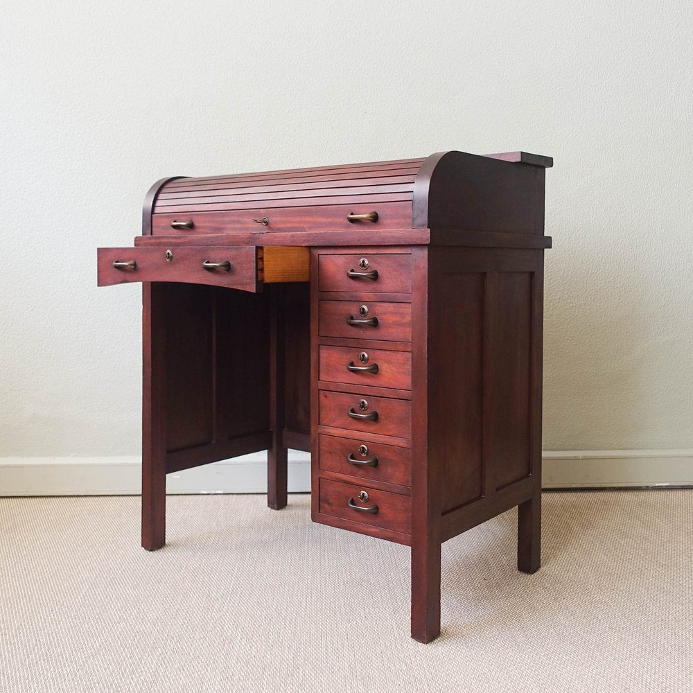 Industrial Portuguese Oak Wood Tambour Door Desk, 1940s