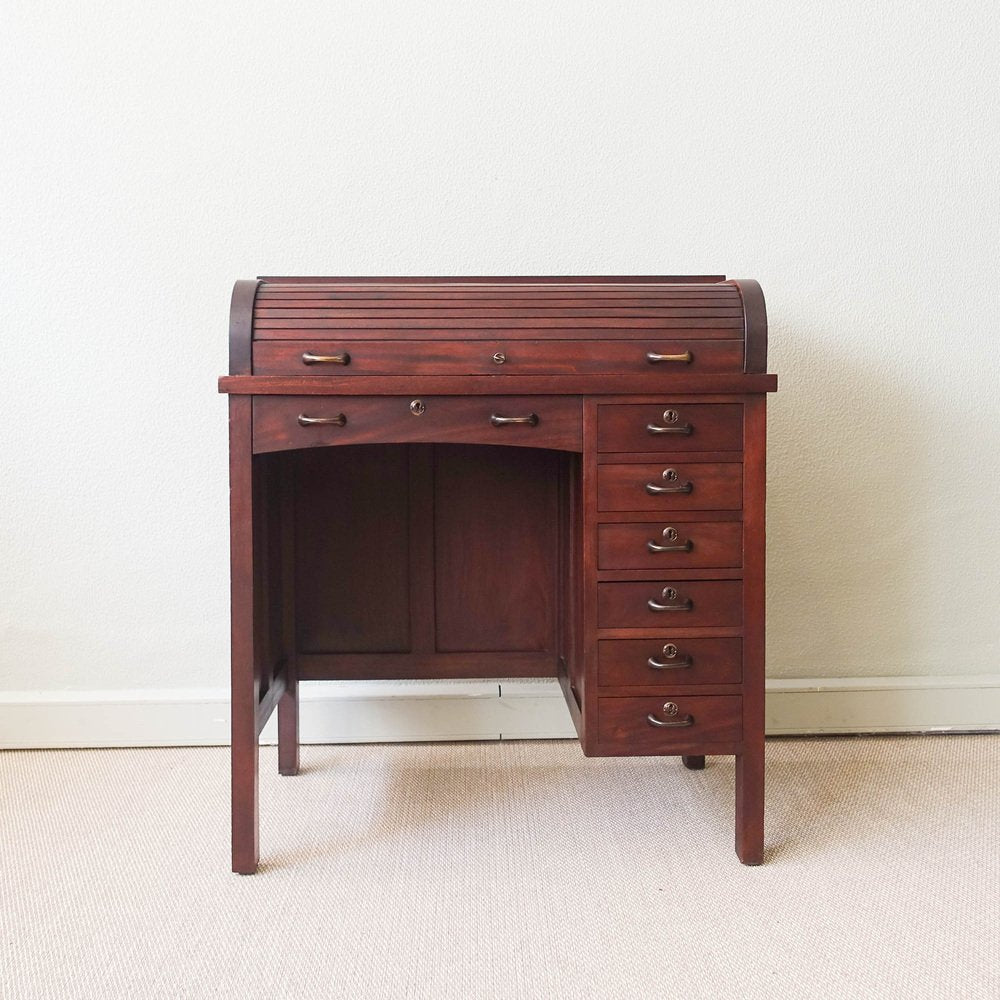 Industrial Portuguese Oak Wood Tambour Door Desk, 1940s