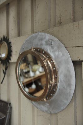 Industrial Riveted Bronze and Aluminum Porthole Mirror, 1920s-NEN-2043217