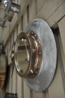 Industrial Riveted Bronze and Aluminum Porthole Mirror, 1920s-NEN-2043217