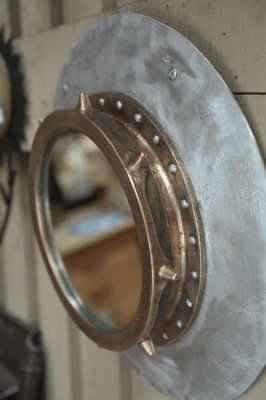 Industrial Riveted Bronze and Aluminum Porthole Mirror, 1920s-NEN-2043217