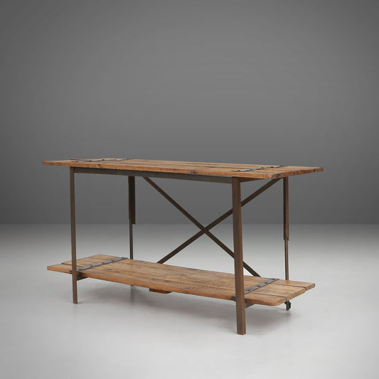 Industrial Side Table with Metal Frame and Wooden Top and Removable Platform, Belgium, 1920s