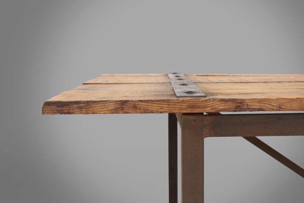 Industrial Side Table with Metal Frame and Wooden Top and Removable Platform, Belgium, 1920s