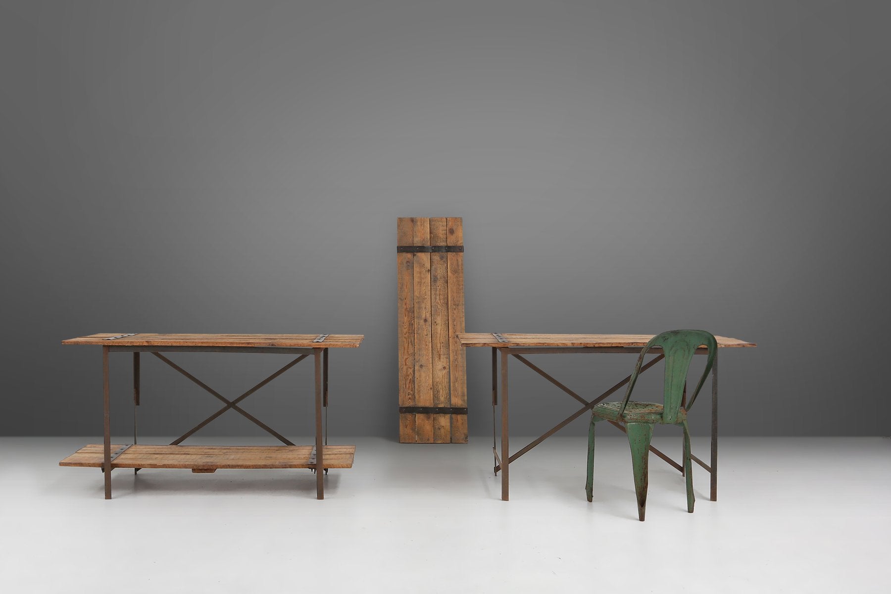 Industrial Side Table with Metal Frame and Wooden Top and Removable Platform, Belgium, 1920s