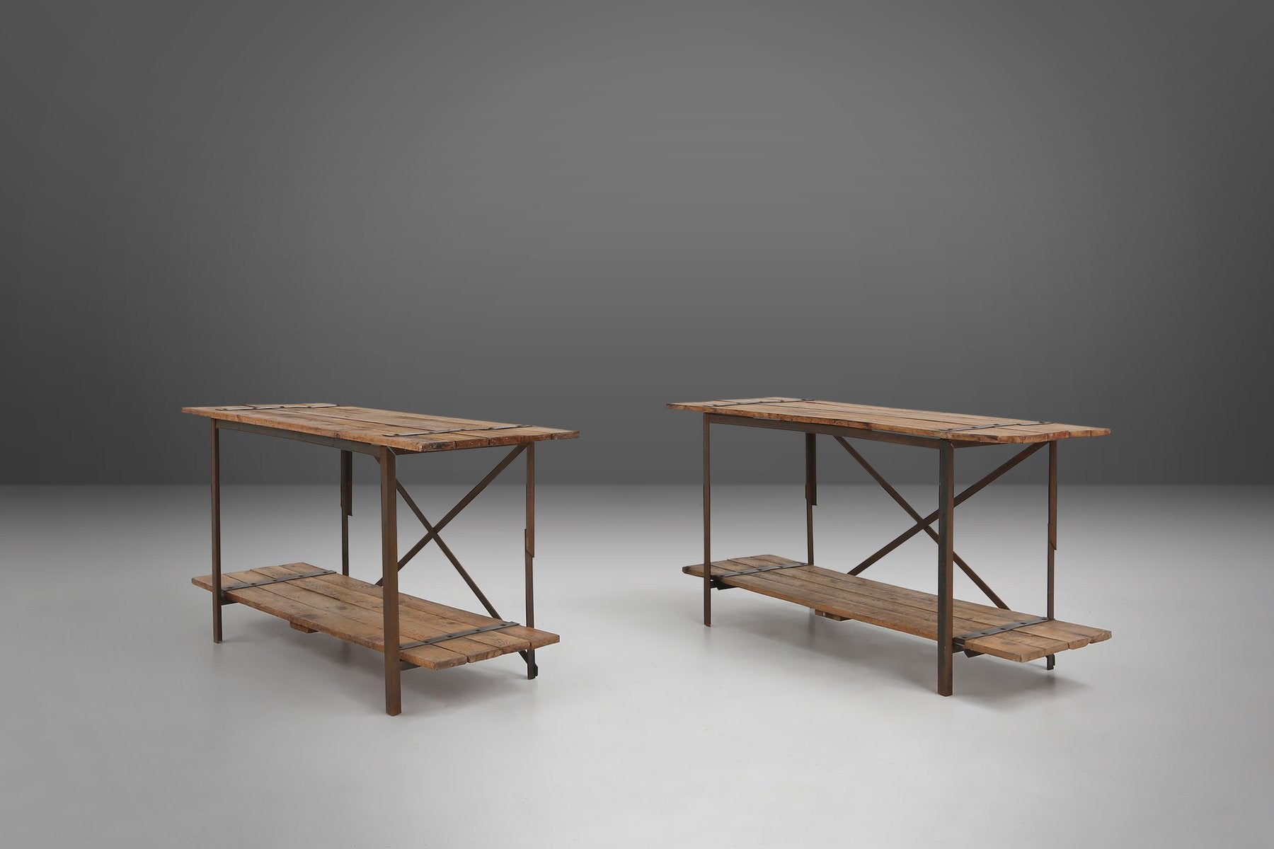 Industrial Side Table with Metal Frame and Wooden Top and Removable Platform, Belgium, 1920s