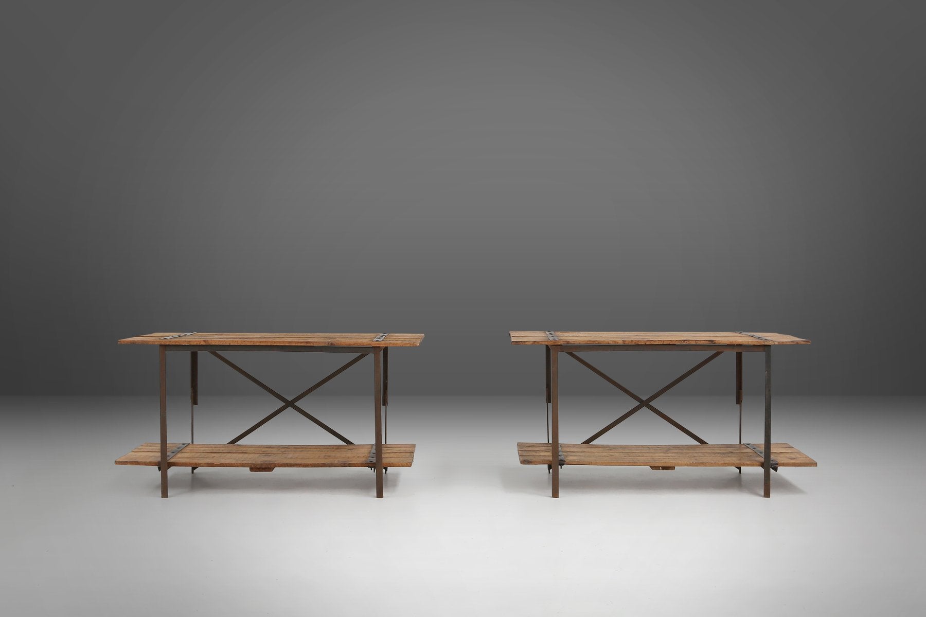 Industrial Side Table with Metal Frame and Wooden Top and Removable Platform, Belgium, 1920s