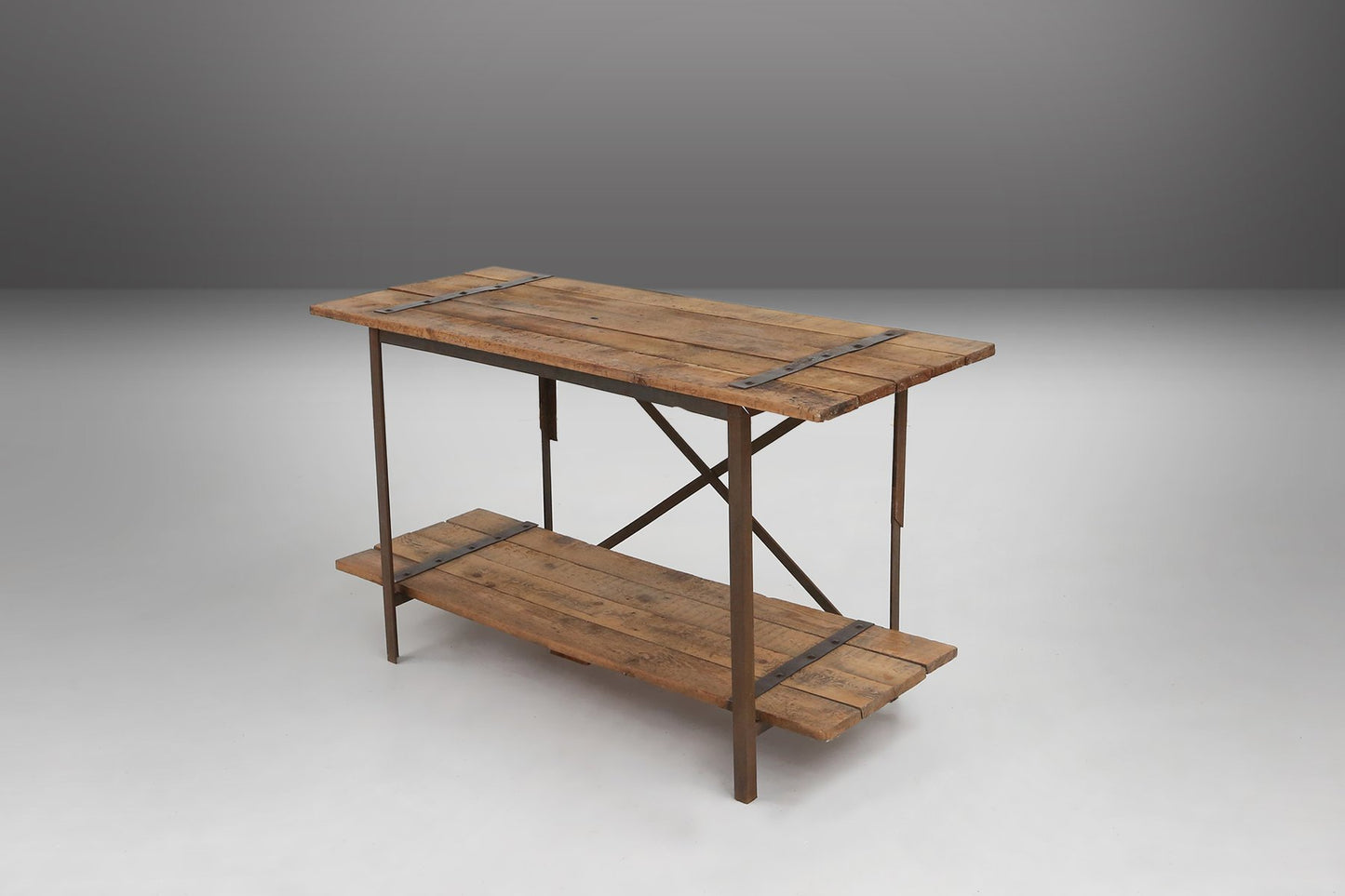 Industrial Side Table with Metal Frame and Wooden Top and Removable Platform, Belgium, 1920s