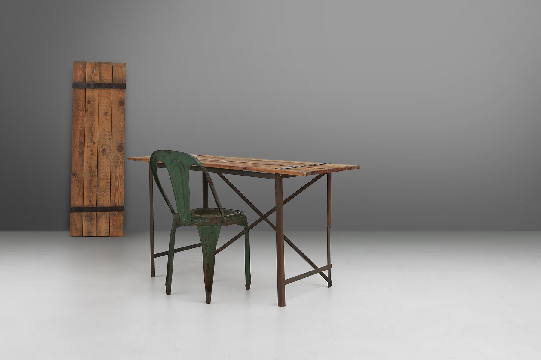 Industrial Side Table with Metal Frame and Wooden Top and Removable Platform, Belgium, 1920s