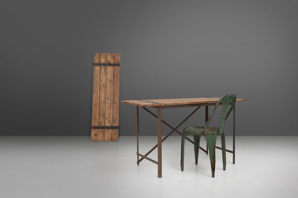 Industrial Side Table with Metal Frame and Wooden Top and Removable Platform, Belgium, 1920s