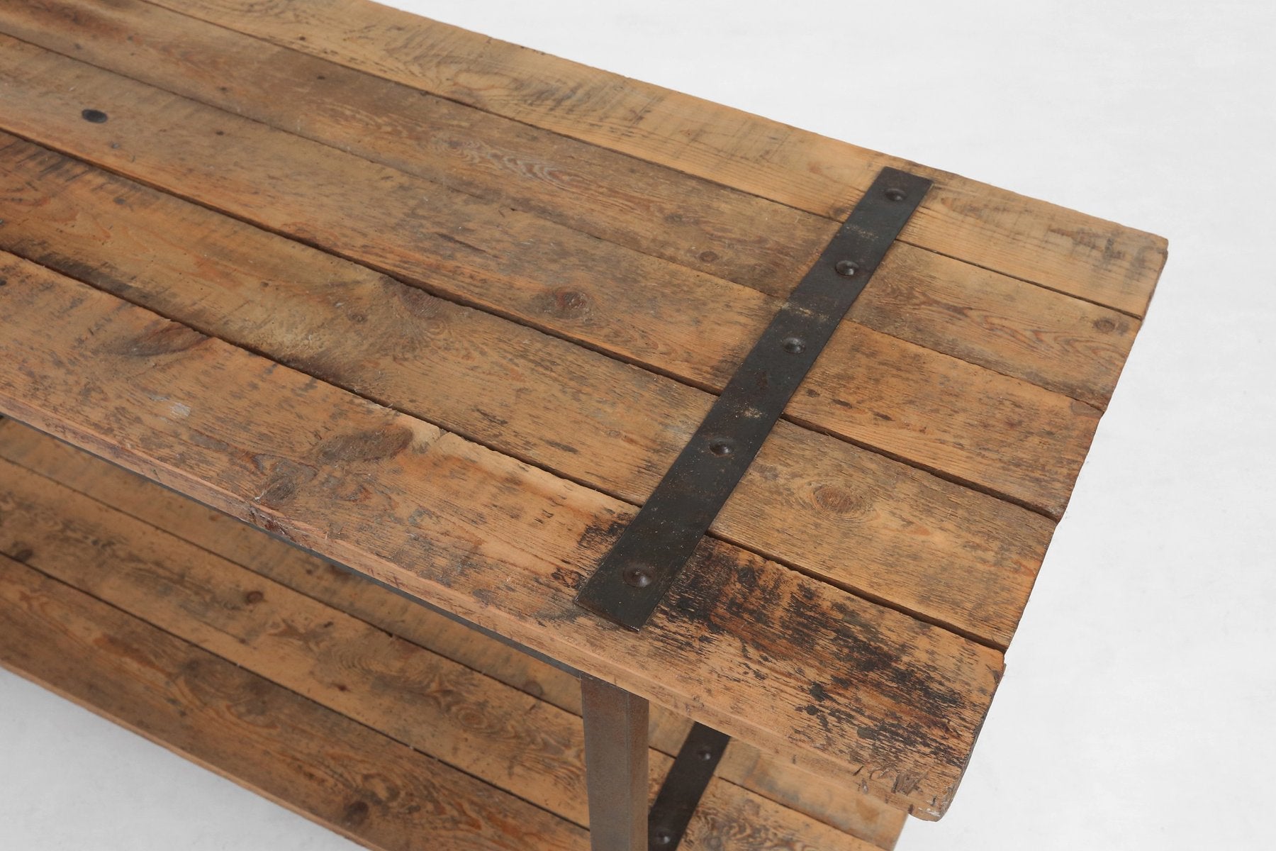 Industrial Side Table with Metal Frame and Wooden Top and Removable Platform, Belgium, 1920s