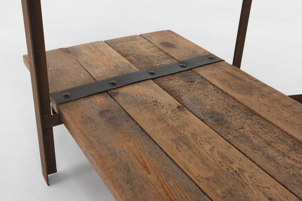 Industrial Side Table with Metal Frame and Wooden Top and Removable Platform, Belgium, 1920s