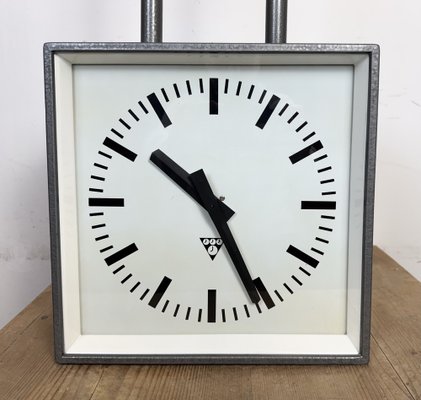 Industrial Square Double Sided Factory Ceiling Clock from Pragotron, 1970s-CGF-2043828