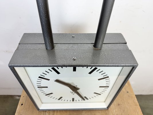 Industrial Square Double Sided Factory Ceiling Clock from Pragotron, 1970s-CGF-2043828