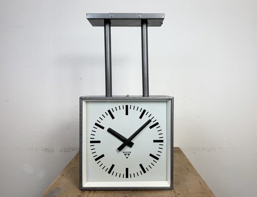 Industrial Square Double Sided Factory Ceiling Clock from Pragotron, 1970s-CGF-2043828