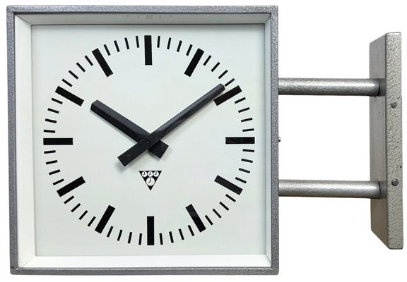 Industrial Square Double Sided Factory Wall Clock from Pragotron, 1970s-CGF-2043785