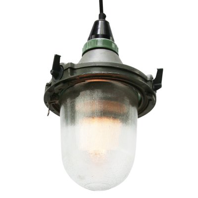 Industrial Striped Clear Glass & Grey Green Pendant Lights-BLS-1313067