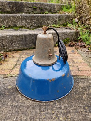 Industrial Suspension in Blue Enamel and Cast Iron Sheet, Poland, 1950s and 60s-FAX-1822036