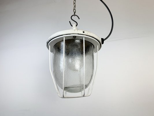 Industrial White Bunker Cage Light from Polam Gdansk, 1970s-CGF-2043849