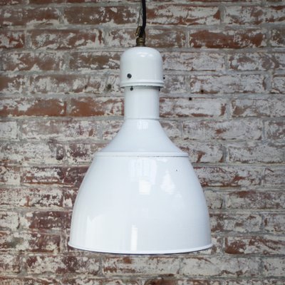 Industrial White Enamel and Brass Pendant Light, 1950s-BLS-1756752