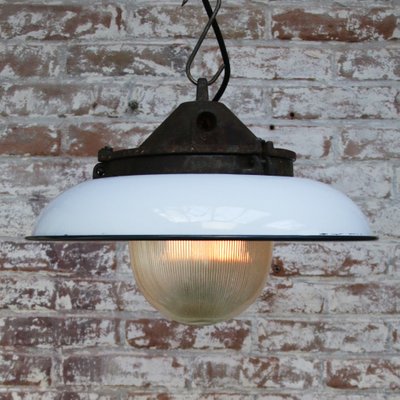 Industrial White Enamel and Cast Iron Holophane Glass Pendant Light, 1950s-BLS-1444535