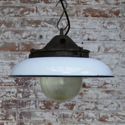 Industrial White Enamel and Cast Iron Holophane Glass Pendant Light, 1950s-BLS-1444535