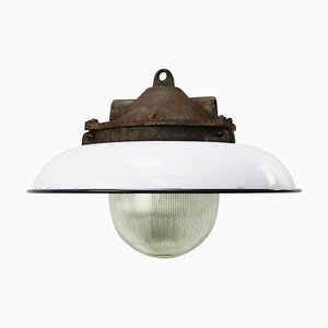 Industrial White Enamel and Cast Iron Holophane Glass Pendant Light, 1950s-BLS-1444535