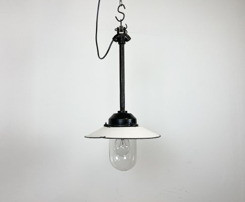 Industrial White Enamel and Cast Iron Pendant Light from Helo Leuchten, 1950s-CGF-1408529