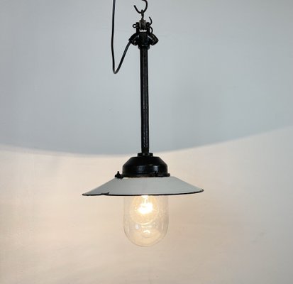 Industrial White Enamel and Cast Iron Pendant Light from Helo Leuchten, 1950s-CGF-1408529