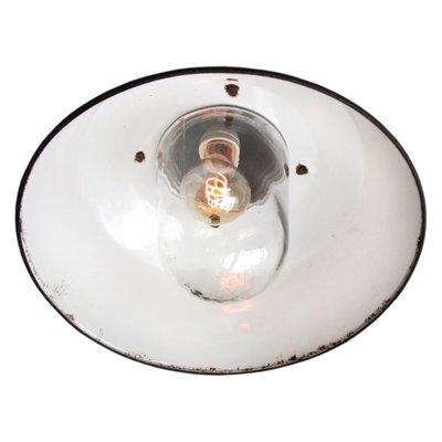 Industrial White Enamel, Cast Iron & Glass Pendant Lamp, 1950s-BLS-770426