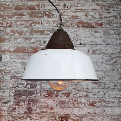 Industrial White Enamel, Cast Iron & Glass Pendant Lamp, 1950s-BLS-770426