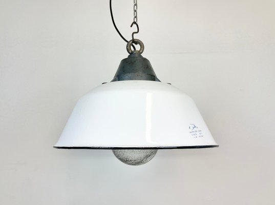 Industrial White Enamel & Cast Iron Pendant Light with Glass Cover, 1960s-CGF-1363729