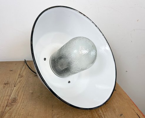 Industrial White Enamel & Cast Iron Pendant Light with Glass Cover, 1960s-CGF-1363729