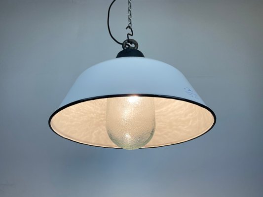 Industrial White Enamel & Cast Iron Pendant Light with Glass Cover, 1960s-CGF-1363729