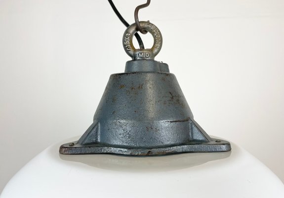 Industrial White Enamel & Cast Iron Pendant Light with Glass Cover, 1960s-CGF-1363729