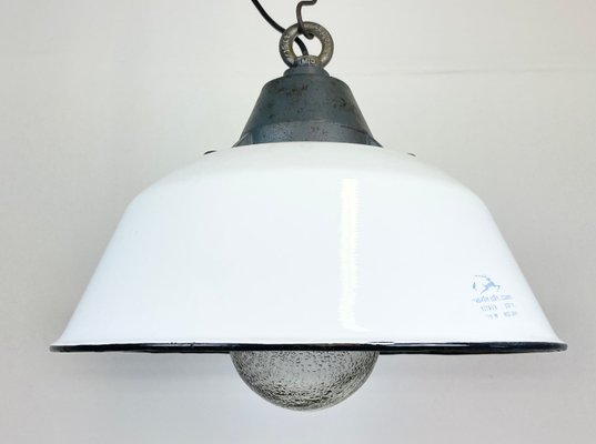 Industrial White Enamel & Cast Iron Pendant Light with Glass Cover, 1960s-CGF-1363729