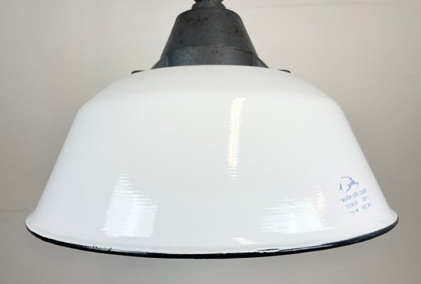 Industrial White Enamel & Cast Iron Pendant Light with Glass Cover, 1960s-CGF-1363729