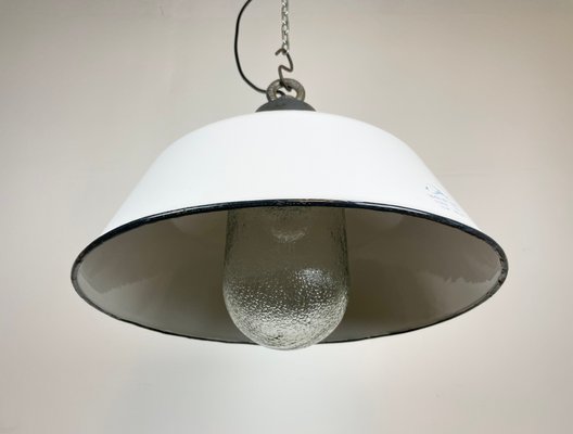 Industrial White Enamel & Cast Iron Pendant Light with Glass Cover, 1960s-CGF-1363729