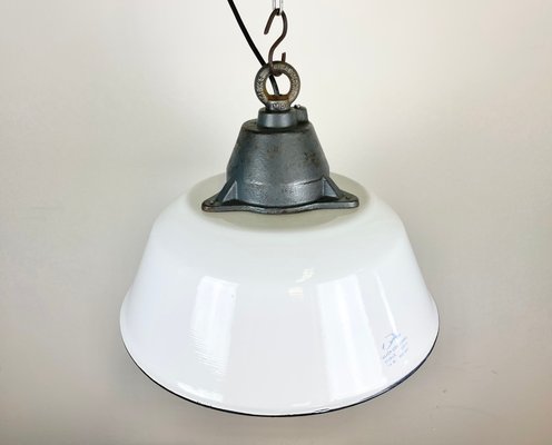 Industrial White Enamel & Cast Iron Pendant Light with Glass Cover, 1960s-CGF-1363729