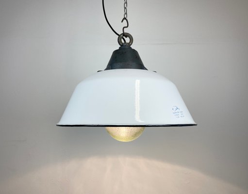 Industrial White Enamel & Cast Iron Pendant Light with Glass Cover, 1960s-CGF-1363729