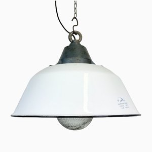 Industrial White Enamel & Cast Iron Pendant Light with Glass Cover, 1960s-CGF-1363729