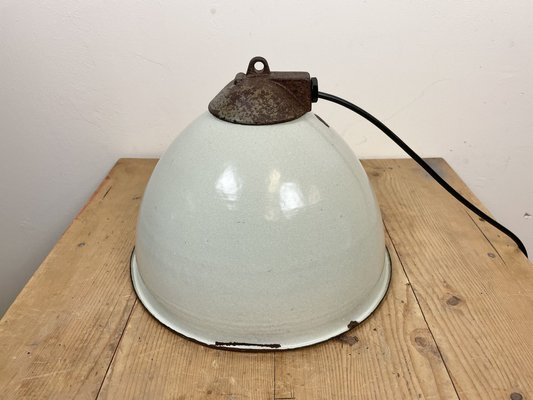 Industrial White Grey Enamel Factory Hanging Lamp with Cast Iron Top, 1960s-CGF-1364676