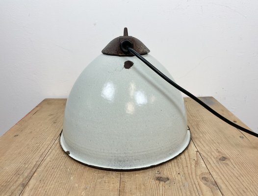 Industrial White Grey Enamel Factory Hanging Lamp with Cast Iron Top, 1960s-CGF-1364676