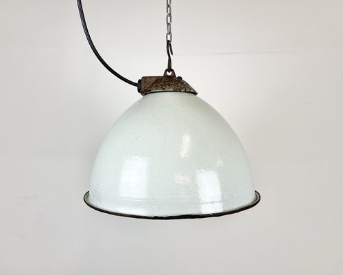 Industrial White Grey Enamel Factory Hanging Lamp with Cast Iron Top, 1960s-CGF-1364676