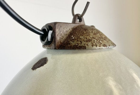 Industrial White Grey Enamel Factory Hanging Lamp with Cast Iron Top, 1960s-CGF-1364676